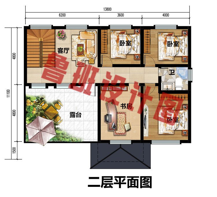 面宽13米二层乡村自建别墅户型设计图，带堂屋和大露台