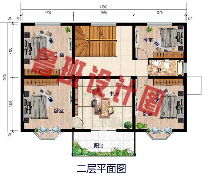 带堂屋二层房子小别墅设计图纸带外观图，17米x11米