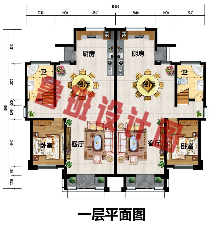 平屋顶新中式农村二层双拼别墅设计图纸，外观很有质感