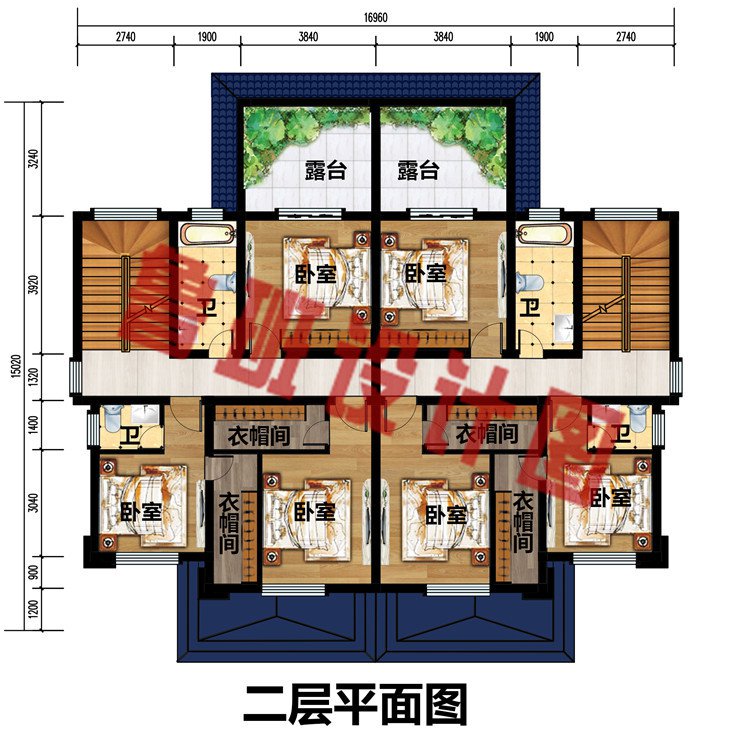 平屋顶新中式农村二层双拼别墅设计图纸，外观很有质感