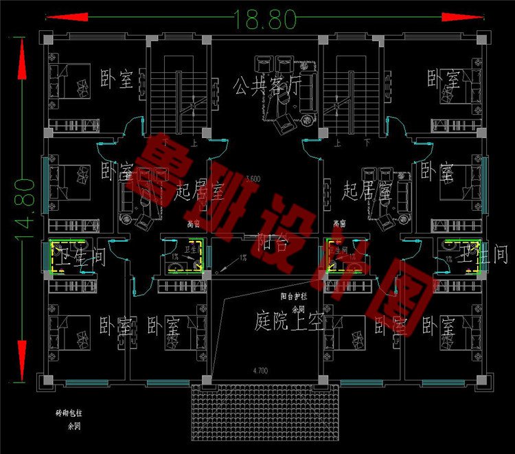 三层双拼自建房二层设计图