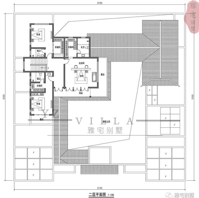 中式四合院别墅，前后庭院，合院式布局，连廊入户，水景环绕