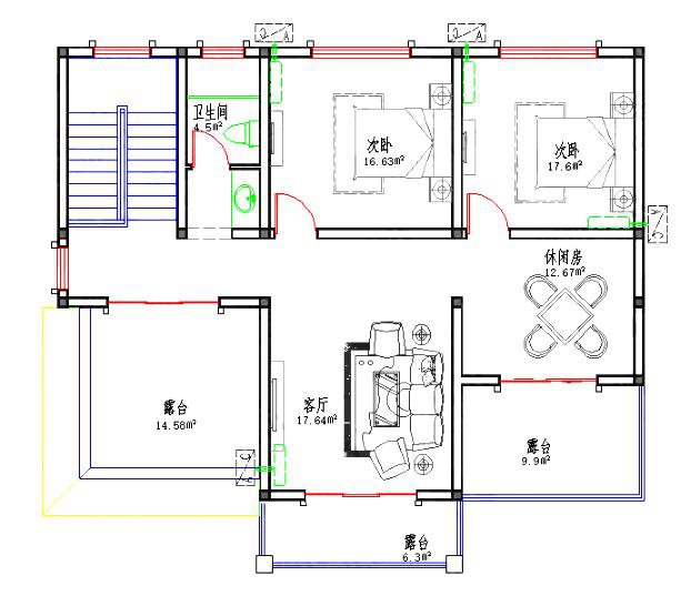 三层占地130平以内带家庭影院3厅7卧，别墅全套施工效果图