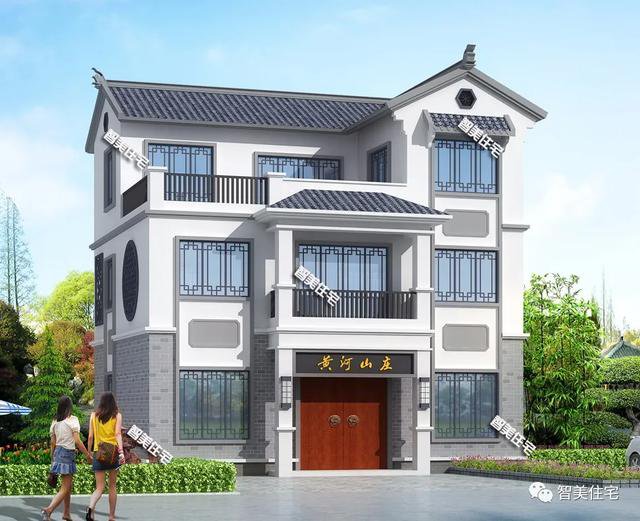 面宽11米左右的两栋别墅，外观风格不同，美观实用结合体