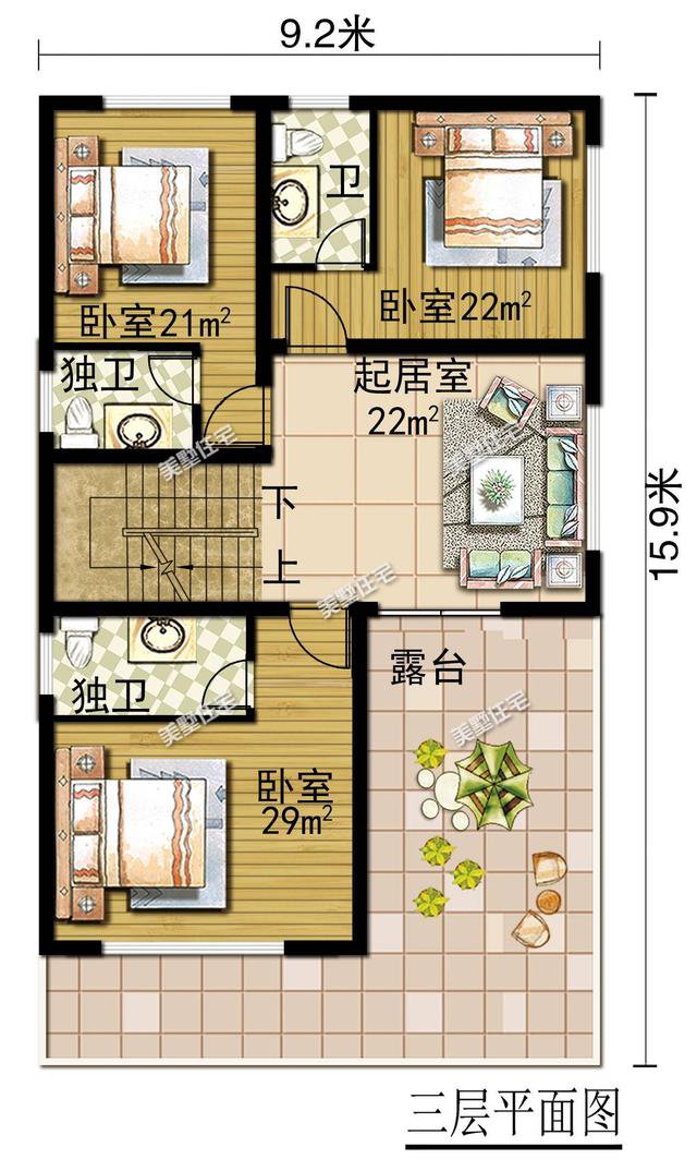 9.2x15.9米的三层现代别墅，挑高客厅很大气，个性又实用