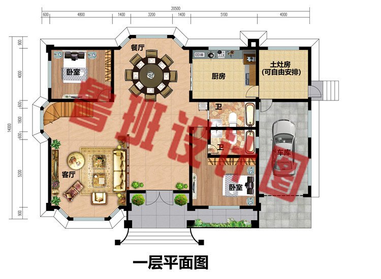 250平大气的二层别墅设计图纸及外观图，带车库和土灶房