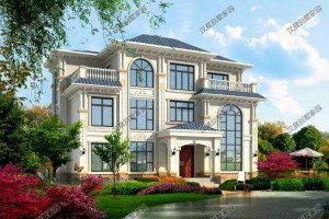15.8m×17.6m的三层别墅外观图，大空间居住舒适度大大提高。