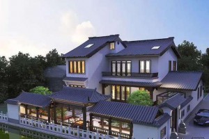 三层中式庭院别墅设计图纸，拥有独立式庭院和外亭长廊。