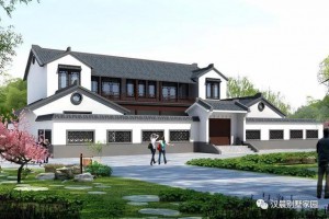中式庭院2层别墅效果图，主体预算是61.4万，占地面积271㎡左右。