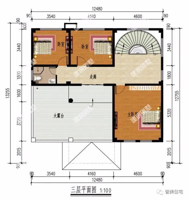 面宽12米左右，漂亮且大气的农村别墅，第一栋用到旋转楼梯