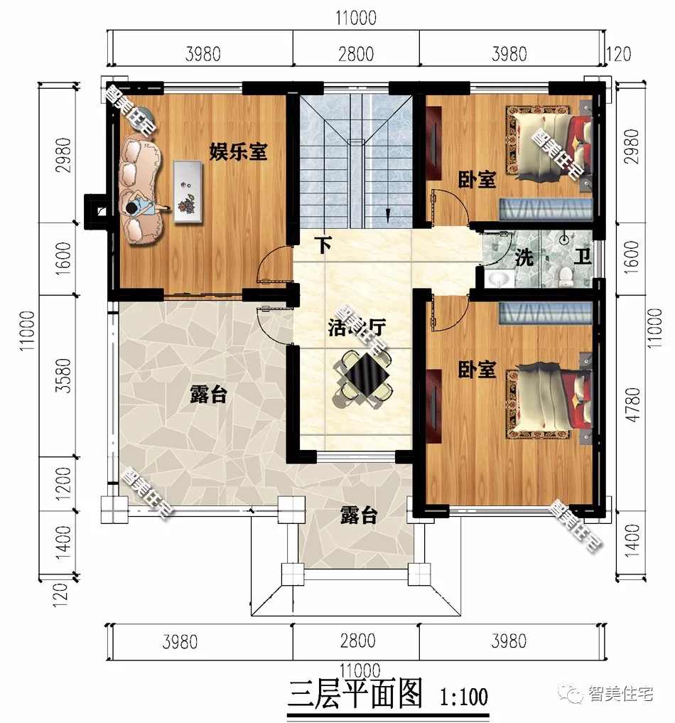 两栋面宽11米左右的农村别墅，第一栋客厅挑空，第二栋新中式