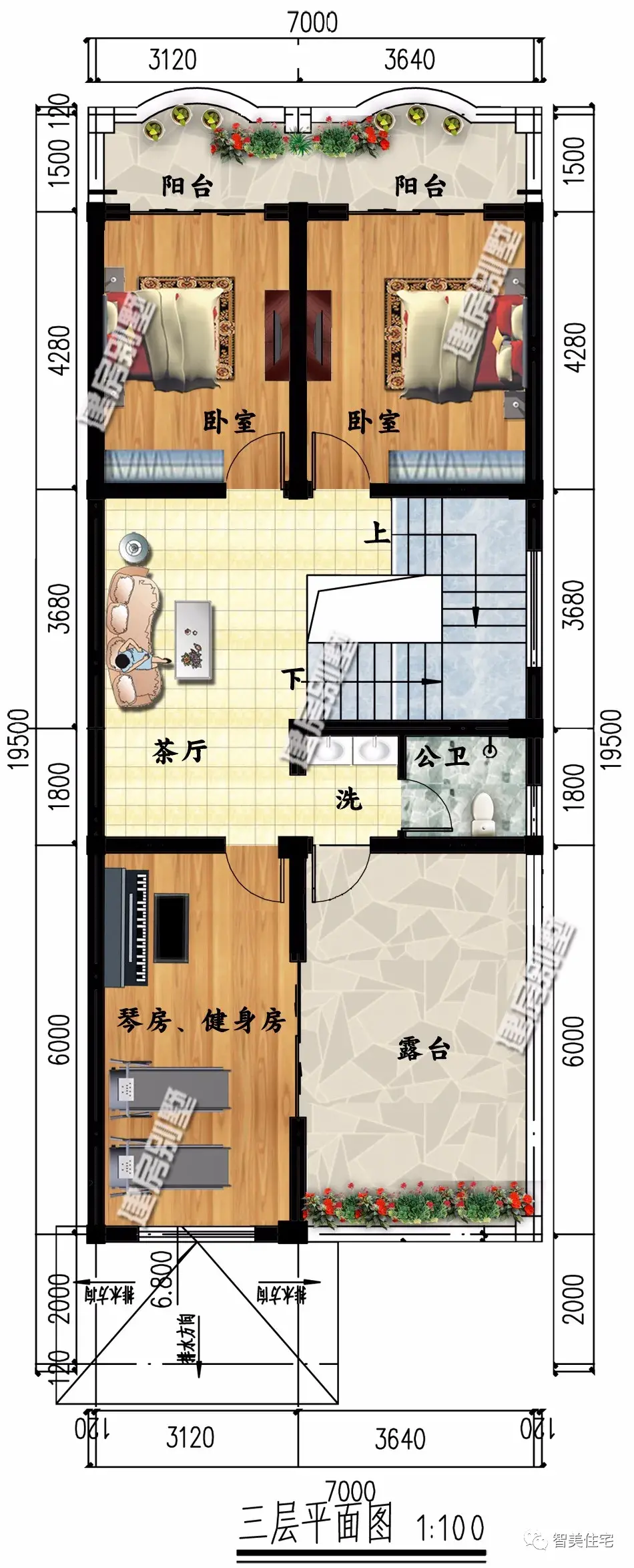 面宽小进深大的两栋农村别墅，挑空客厅+平屋面，外观风格很相似