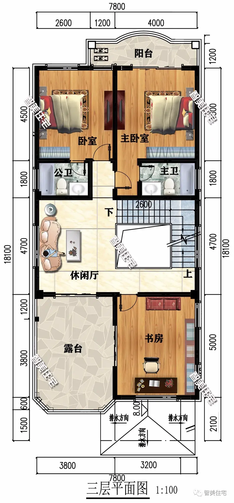 面宽小进深大的两栋农村别墅，挑空客厅+平屋面，外观风格很相似
