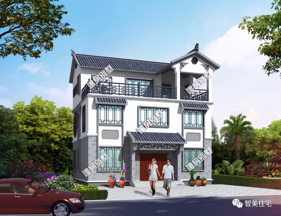 中式风格设计的两栋别墅，灰白色搭配，施工很简单