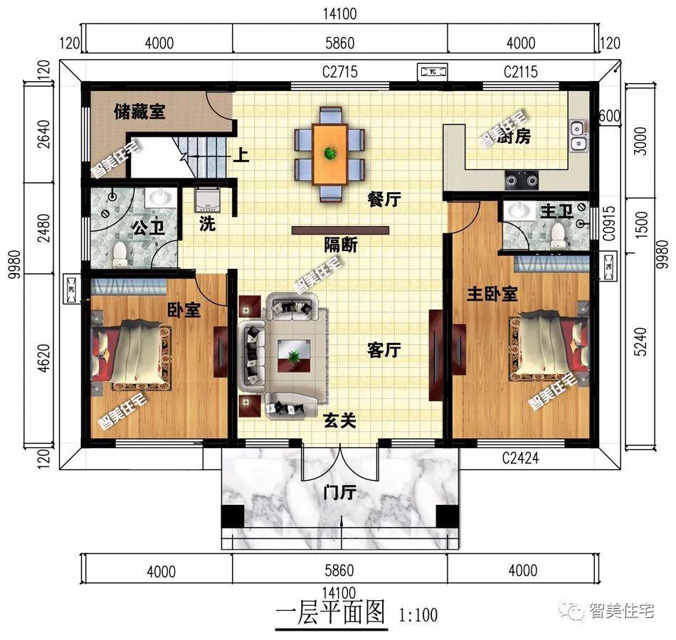 高颜值的二层农村别墅，每栋都有5个卧室，户型二客厅挑空设计