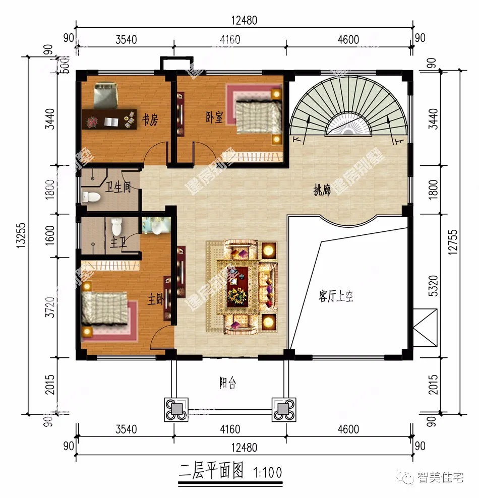 带旋转楼梯的两栋欧式别墅，第一栋客厅挑空，厨房单独建