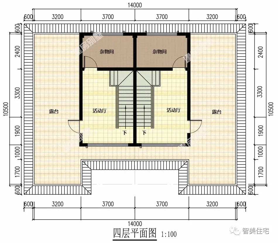 适合两兄弟合建的双拼别墅，第一栋四层平屋面设计，第二栋共堂屋