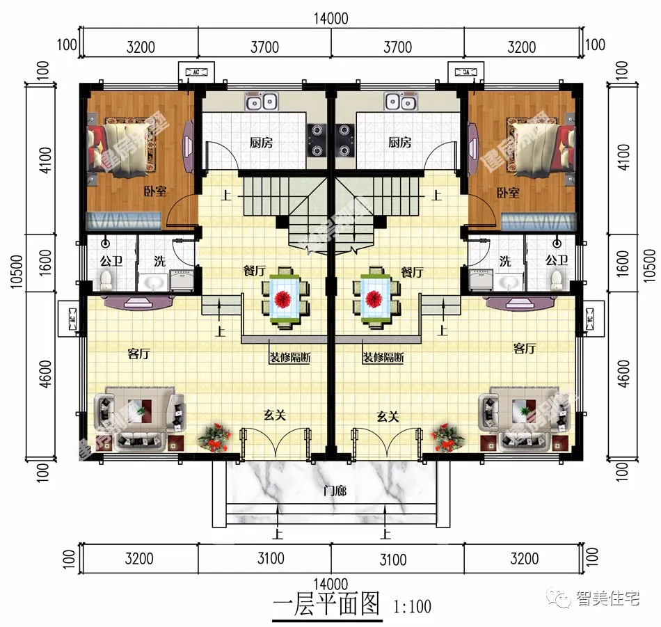 适合两兄弟合建的双拼别墅，第一栋四层平屋面设计，第二栋共堂屋