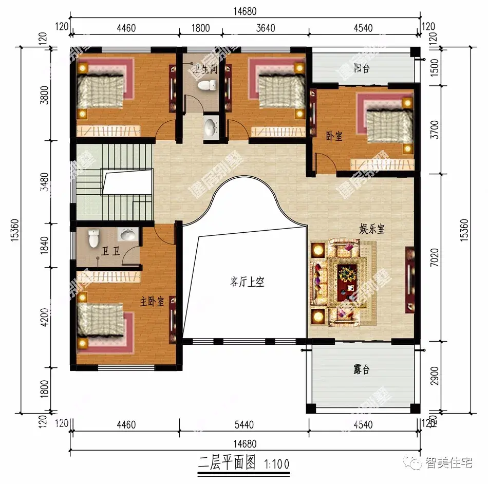 两栋客厅挑空设计的别墅，第一栋带堂屋，室内采光好