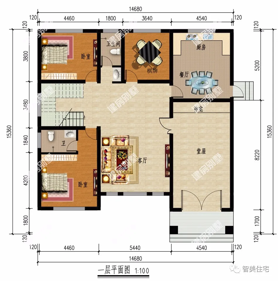 两栋客厅挑空设计的别墅，第一栋带堂屋，室内采光好