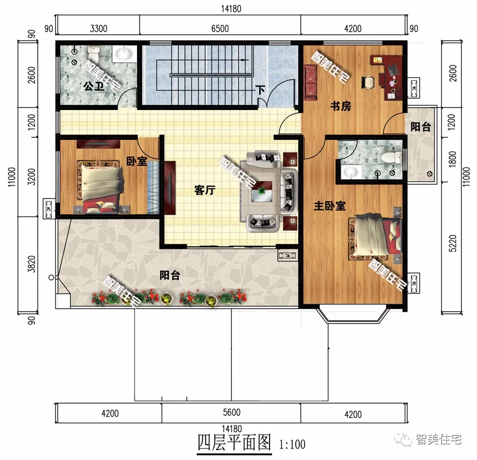 平屋面设计的一栋四层农村别墅，配大堂屋，限高地区也能建