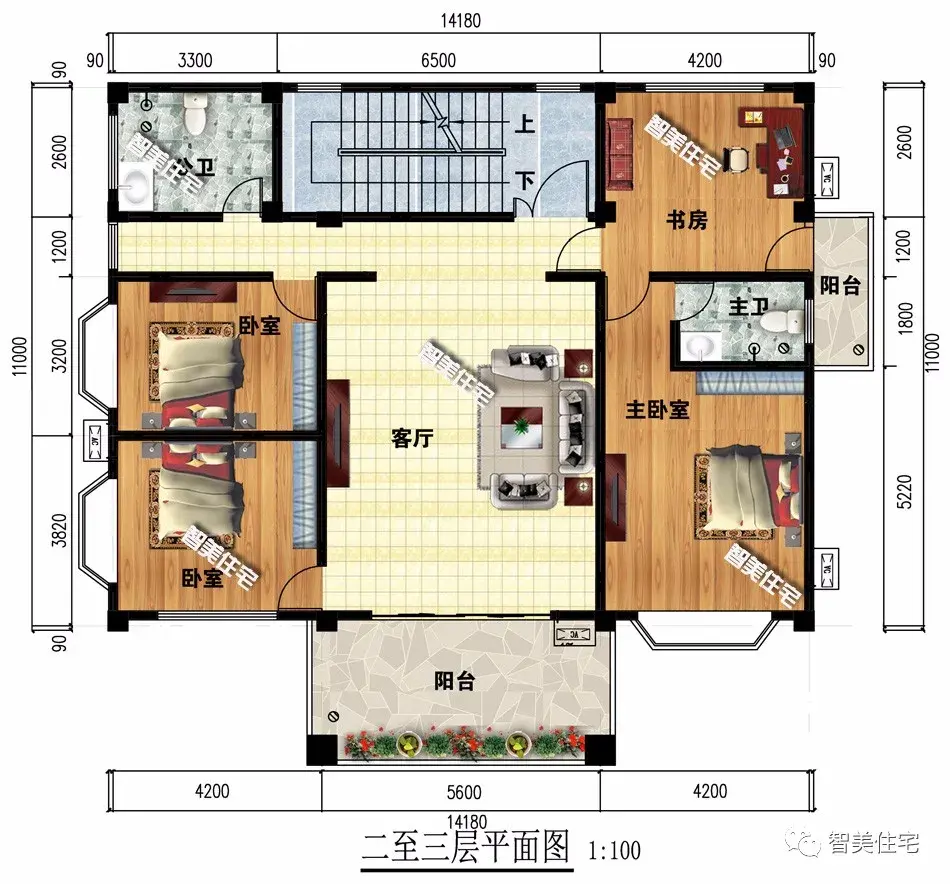 平屋面设计的一栋四层农村别墅，配大堂屋，限高地区也能建