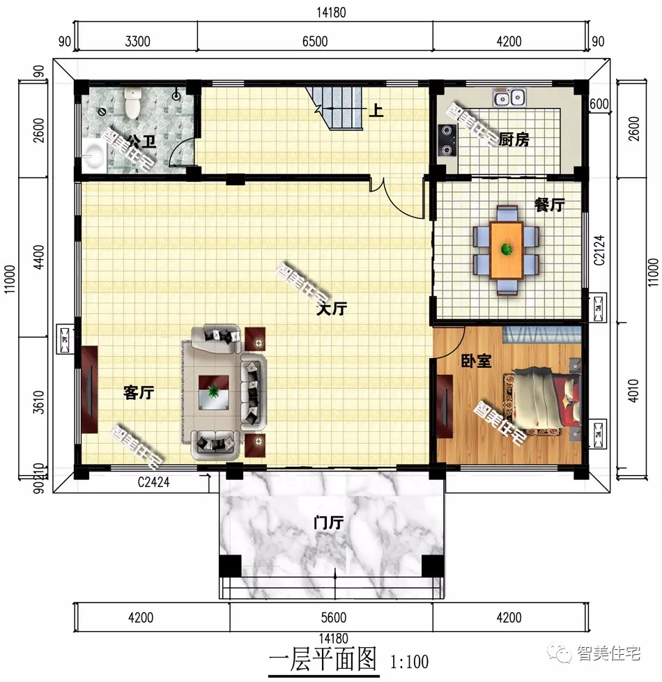 平屋面设计的一栋四层农村别墅，配大堂屋，限高地区也能建