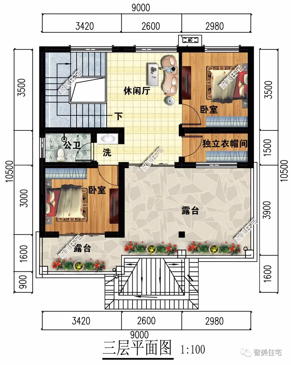 宽9米左右的农村别墅，第一栋平屋面设计，第二栋造价30万