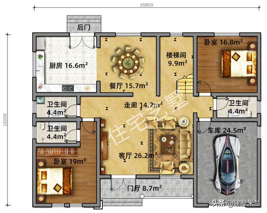 户型方正对称美观大气，农村自建带车库的别墅