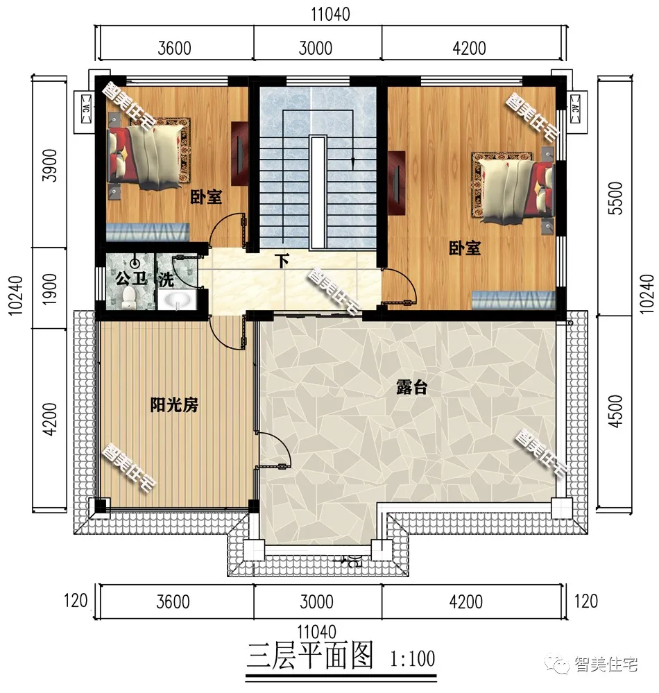 11×12.8米三层别墅，带阳光房设计，厨房单独建北侧