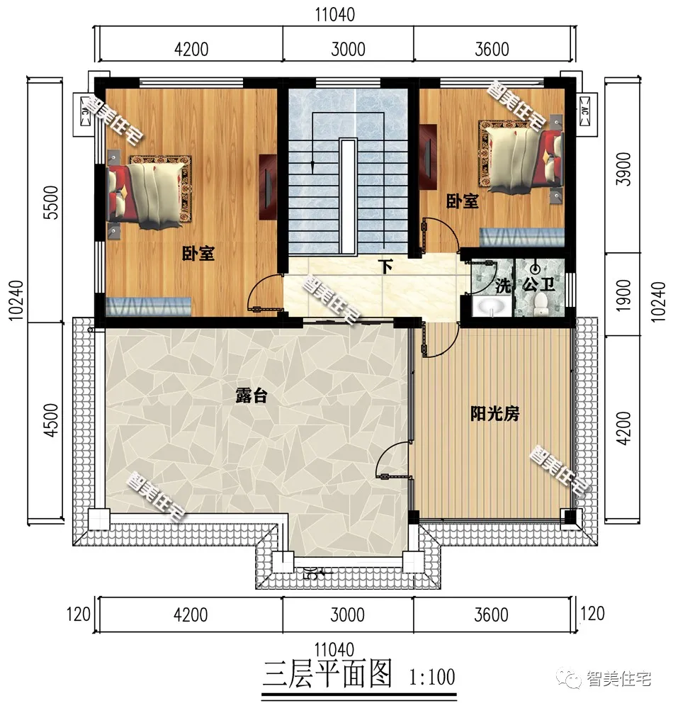 11×12.8米三层别墅，带阳光房设计，厨房单独建北侧