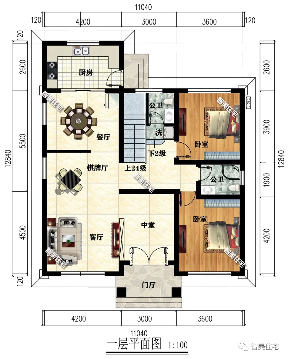 11×12.8米三层别墅，带阳光房设计，厨房单独建北侧