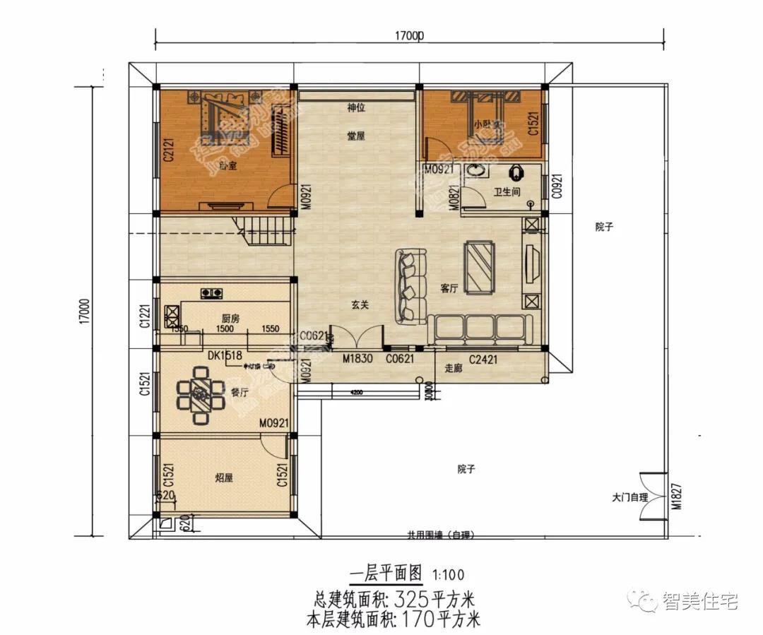 中式风格设计，面宽17米的两栋农村别墅，都有柴火房