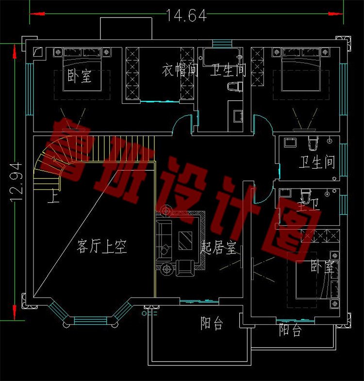 欧式二层别墅设计施工图纸二层平面图