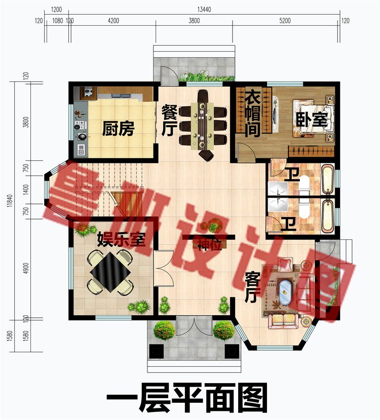 对称设计二层自建别墅一层平面图