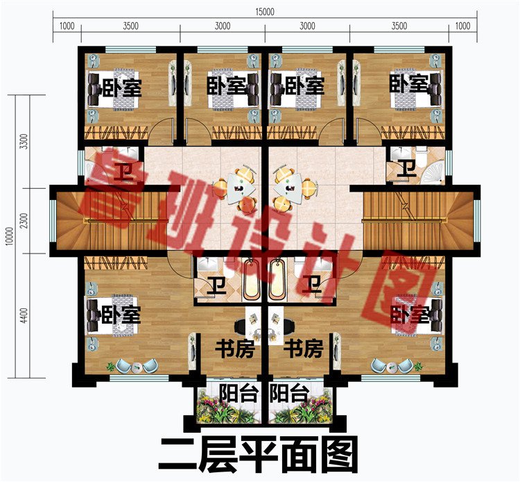 三层小面积双拼别墅设计图二层平面图