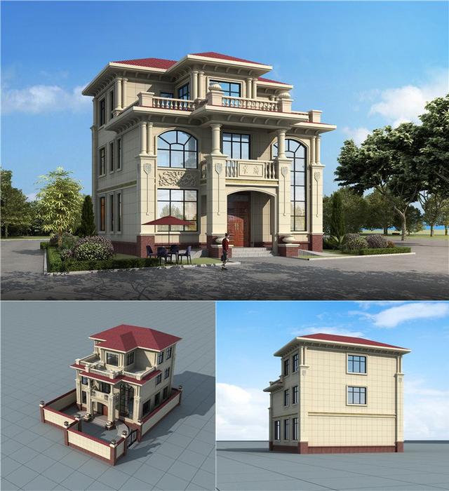 新农村自建三层别墅，斜屋顶和平顶结合的设计,全家人都能住